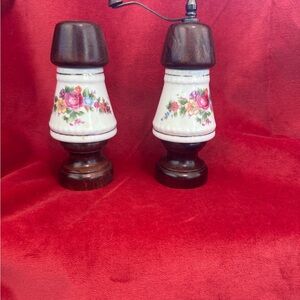 Floral Ceramic and Wood Table Lamps